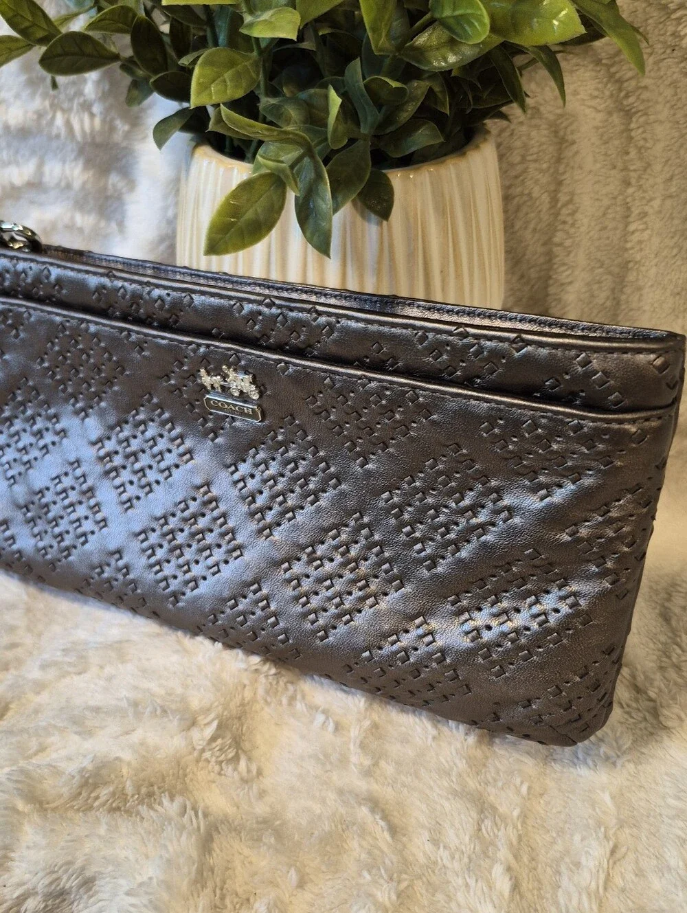 NEW Coach Madison Wristlet Pewter Metallic Woven Leather Wallet Clutch Zip Close